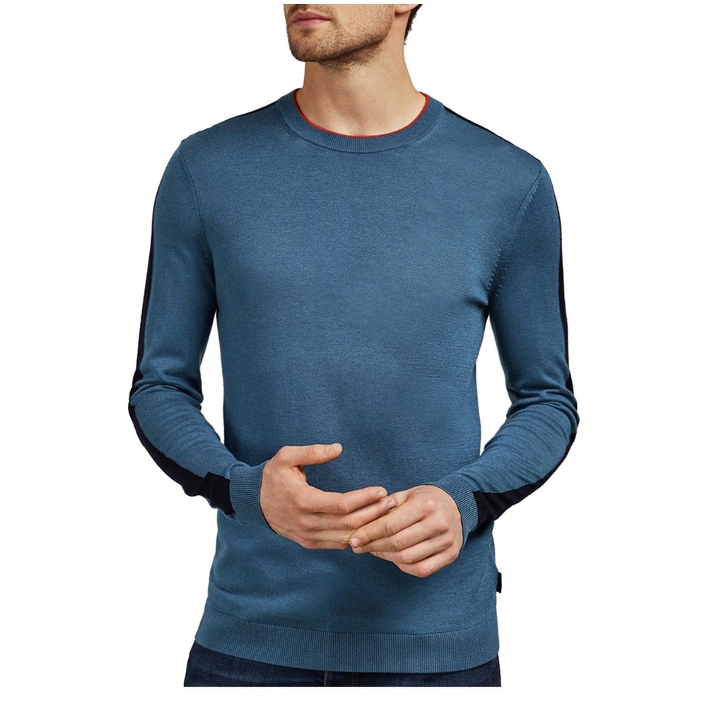 TED BAKER Mid-Blue Noirmon Crew Striped Jumper Wool/Cashmere Blend